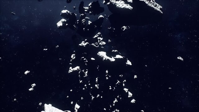 Icy asteroid fragments with metallic glint, survey team mission vibe as instruments map promising ore deposits and assess landing viability for offworld