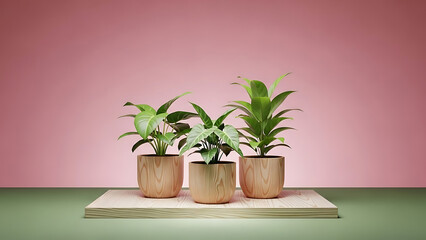 Three potted plants on beige rug against pink and green background