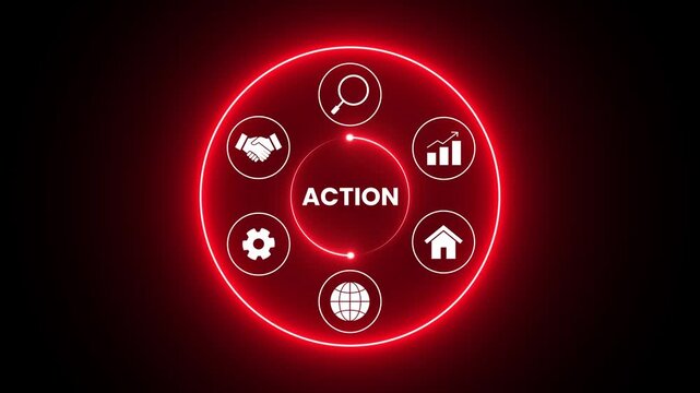 Action concept with business icons animation isolated on black background