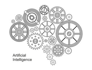 Artificial Intelligence. Brain network with connected gears . Abstract depiction of a brain made up of intricate, gears and cogs. Flat style