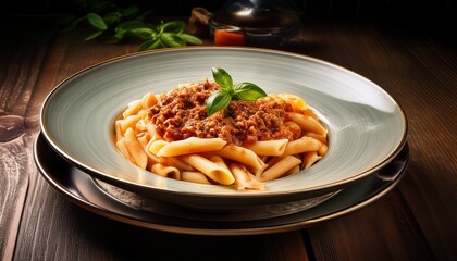 Fototapeta premium Beautiful Plate Of Pasta On The Table With Bolognese Sauce Ia Generativa