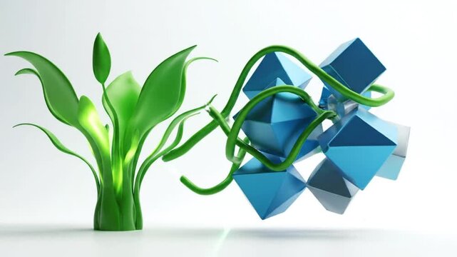 Abstract visualization depicting the seamless interaction between organic plant life and rigid geometric forms, signifying the future of green technology and sustainable development