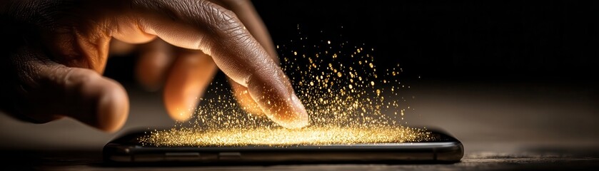 Virtual gold trading interaction hands with digital investment on smartphone in dark environment