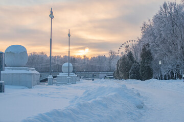 A frosty morning in Minsk covered with snow.
