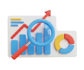 3d business analytics chart with magnifying glass transparent background cutout png