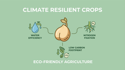 Climate resilient crops infographic, eco friendly agriculture concept, water efficiency, nitrogen fixation, low carbon footprint, sustainable farming icon design.