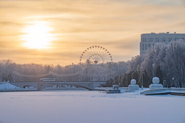 A frosty morning in Minsk covered with snow.