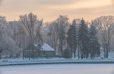 A frosty morning in Minsk covered with snow.