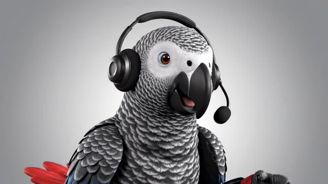 Parrot Wearing Headphones Listening Music.