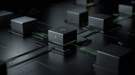 Futuristic IT and technology infrastructure with sleek servers and neon green circuit pathways in a dark high-tech environment viewed from above