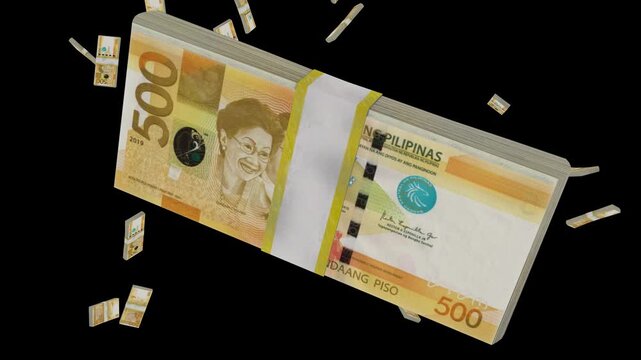 Bundles of Philippine 500 peso notes descend from top to bottom, featuring a front bundle in sharp focus on dark background.