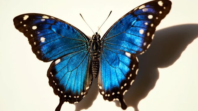 Beautiful blue butterfly with black and white spots on wings spread wide on beige background