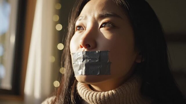 Scared Asian Woman Held Hostage with Taped Mouth.