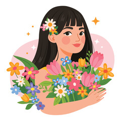 Flat vector illustration of beautiful woman with flowers for International Women&rsquo;s Day. Spring illustration celebrating femininity, diversity and beauty. Perfect for greeting cards, posters