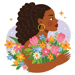 Flat vector illustration of beautiful woman with flowers for International Women&rsquo;s Day. Spring illustration celebrating femininity, diversity and beauty. Perfect for greeting cards, posters