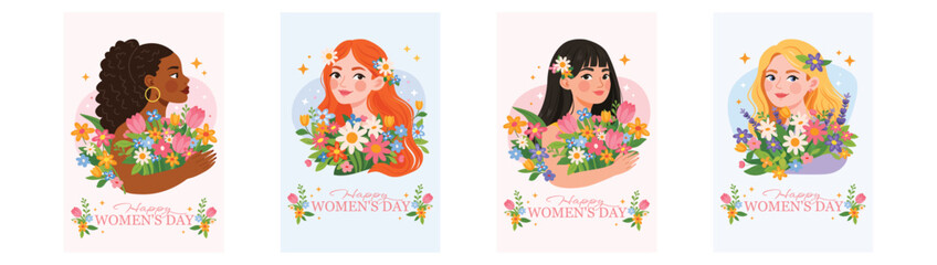 Set of flat vector illustrations of women holding spring flowers. International Women&rsquo;s Day greeting cards in modern floral style, celebrating femininity, diversity, beauty, and spring season