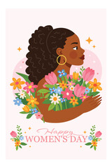 Flat vector greeting card with  woman holding spring flowers. International Women&rsquo;s Day cards in modern floral style, celebrating femininity, diversity, beauty, and spring season
