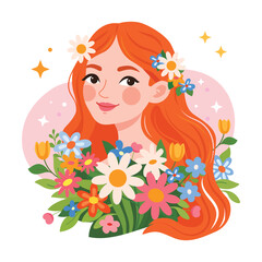 Flat vector illustration of beautiful woman with flowers for International Women&rsquo;s Day. Spring illustration celebrating femininity, diversity and beauty. Perfect for greeting cards, posters
