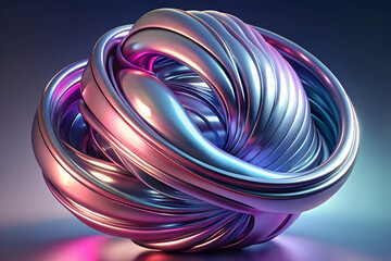 Abstract metallic sculpture twisted into a complex knot or sphere with iridescent surfaces reflecting vibrant pink and blue gradient studio lighting creating a futuristic and dynamic visual art form