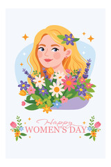 Flat vector greeting card with  woman holding spring flowers. International Women&rsquo;s Day cards in modern floral style, celebrating femininity, diversity, beauty, and spring season