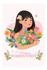 Flat vector greeting card with  woman holding spring flowers. International Women&rsquo;s Day cards in modern floral style, celebrating femininity, diversity, beauty, and spring season