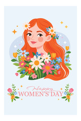 Flat vector greeting card with  woman holding spring flowers. International Women&rsquo;s Day cards in modern floral style, celebrating femininity, diversity, beauty, and spring season