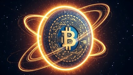 Digital currency concept featuring a glowing bitcoin symbol surrounded by orbiting electronic circuits and a dark space background