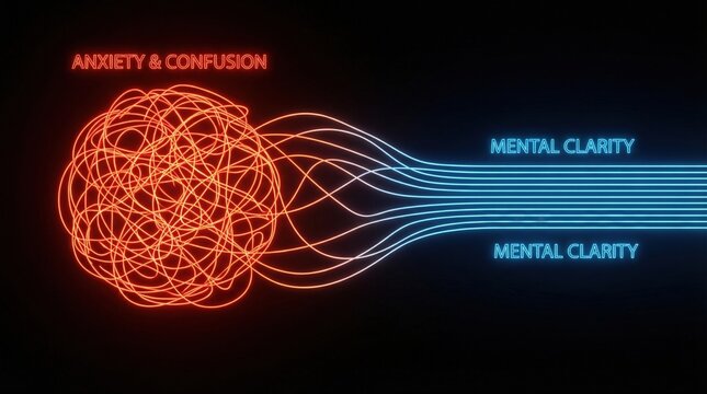 Mental Clarity Transformation: The metaphor captures the journey from confusion to clarity. The illustration depicts the process of untangling complex thoughts, moving towards focus and resolution. 