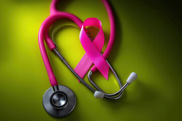 Stethoscope and pink ribbon on green background for health awareness
