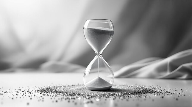 Monochrome hourglass with sand flowing, time passing, set on a shiny, speckled surface
