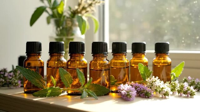 Small amber bottles of oil lined up with fresh herbs and flowers