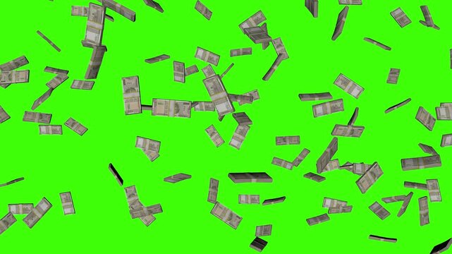 Several Indian 500 rupee note bundles fall downward from above on a green screen background.