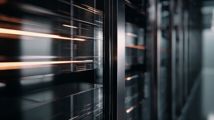 A sleek server room with rows of IT and technology infrastructure, viewed from a futuristic perspective with motion blur.