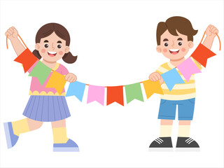 Children Holding Colorful Flag Banner Illustration