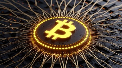 A glowing bitcoin symbol is dramatically illuminated against a dark complex network of radiating lines and digital connections
