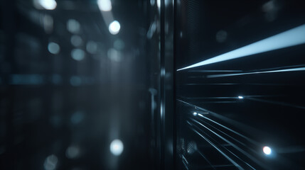 Futuristic IT and technology innovation hub with sleek servers and neon lights in a dark data center environment viewed from a low angle