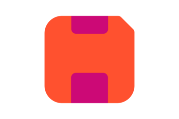Save Icon - Diskette save icon in Orange and Magenta for data storage, downloading, and file backup in a modern flat style for software interface design, isolated on transparent background.
