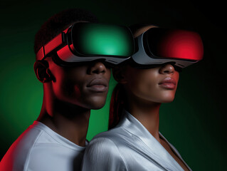 Couple experiences virtual reality in dark room with colored lights