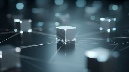 A 3D cube representing IT and technology hub in a networked digital environment with interconnected nodes and futuristic visuals