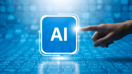 Human Interaction with Artificial Intelligence Interface Hand Touching Futuristic AI Icon Representing Digital Technology and Innovation for Business Solutions