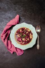 Red bean soup in a white ceramic bowl, top view