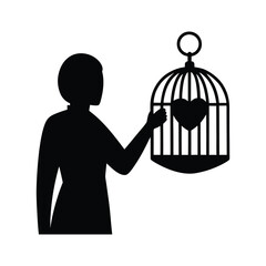 Valentine's Day silhouette vector illustration of a person holding a birdcage containing a heart for trapped love or emotional protection themes