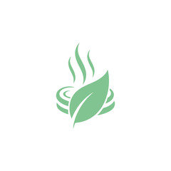 Fototapeta premium Minimalist green leaf logo with steam element symbolizing eco-friendly energy, herbal products, wellness, and natural sustainability.