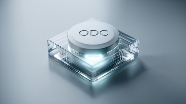 A close-up view of a transparent glass cube with a white ODC button on top, showcasing IT and technology in a modern industrial setting