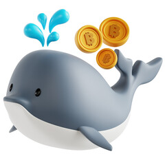 Adorable 3D cryptocurrency whale holding gold Bitcoin tokens