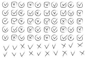 Hand drawn check mark icon set. tick, cross signs for checkbox, checklist, v and x in sketch doodle brush marker checklist symbol. grunge brush style vector illustration.