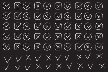 Hand drawn check mark icon set. tick, cross signs for checkbox, checklist, v and x in sketch doodle brush marker checklist symbol. grunge brush style vector illustration.