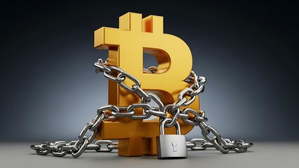 Bitcoin symbol wrapped in chains and padlocked representing restriction and regulation