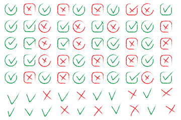 Hand drawn check mark icon set. tick, cross signs for checkbox, checklist, v and x in sketch doodle brush marker checklist symbol. grunge brush style vector illustration.