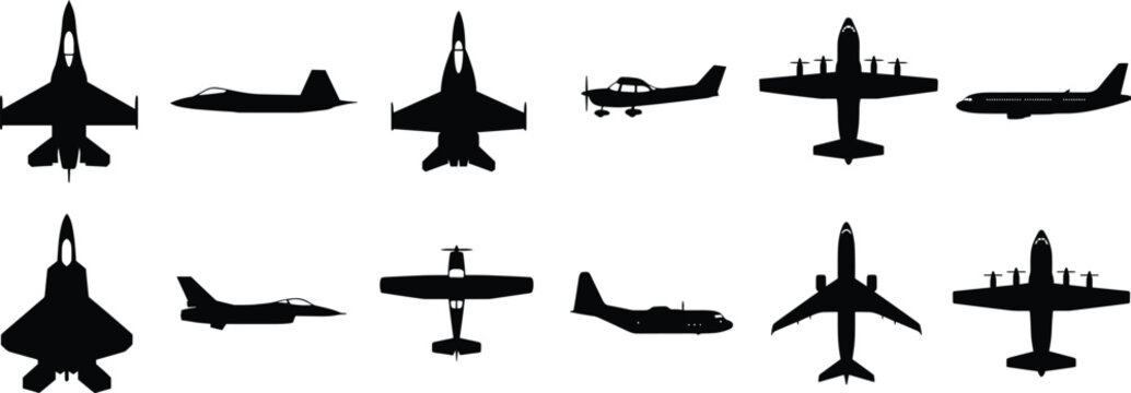 Aircraft silhouette collection featuring military jets, passenger airplanes, propeller planes, top and side views, aviation transport shapes, black airplane icons isolated on white background